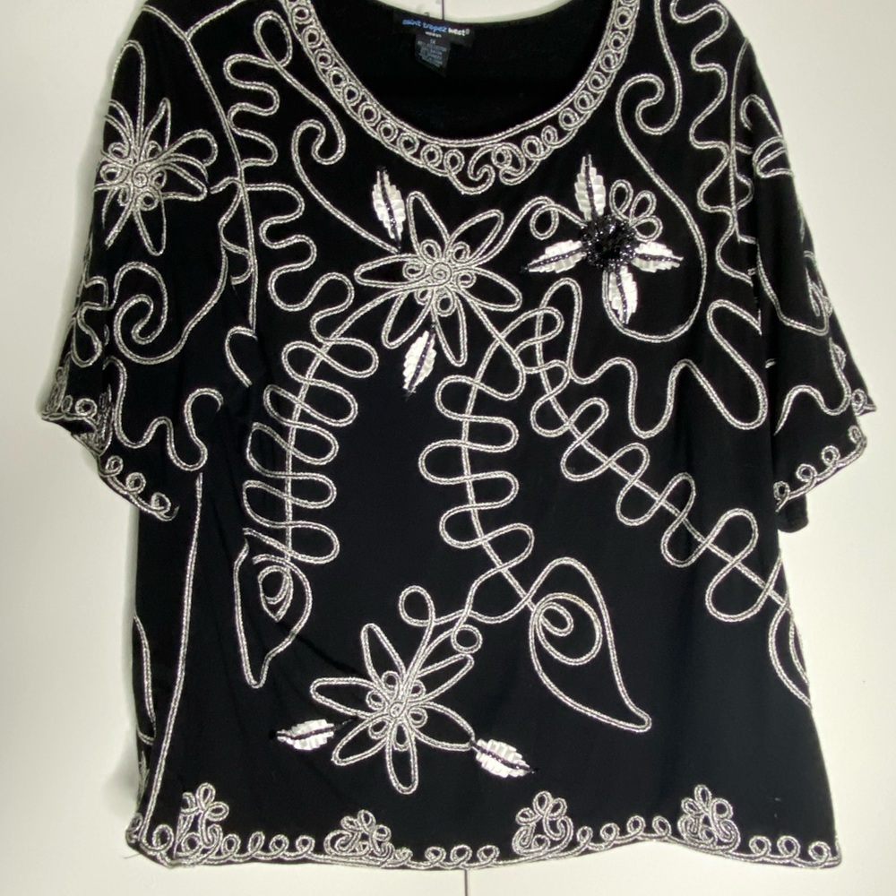 Saint Tropes West Women's Art Blouse Chic Look Black & White Embroidered Top